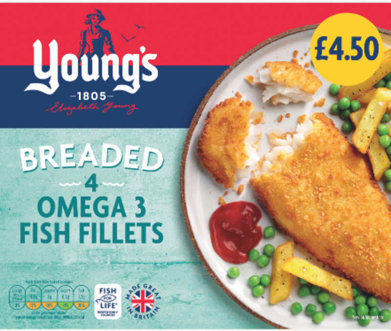 PM£4.50 Youngs Simply Breaded 4 Fish fillets 8x400g