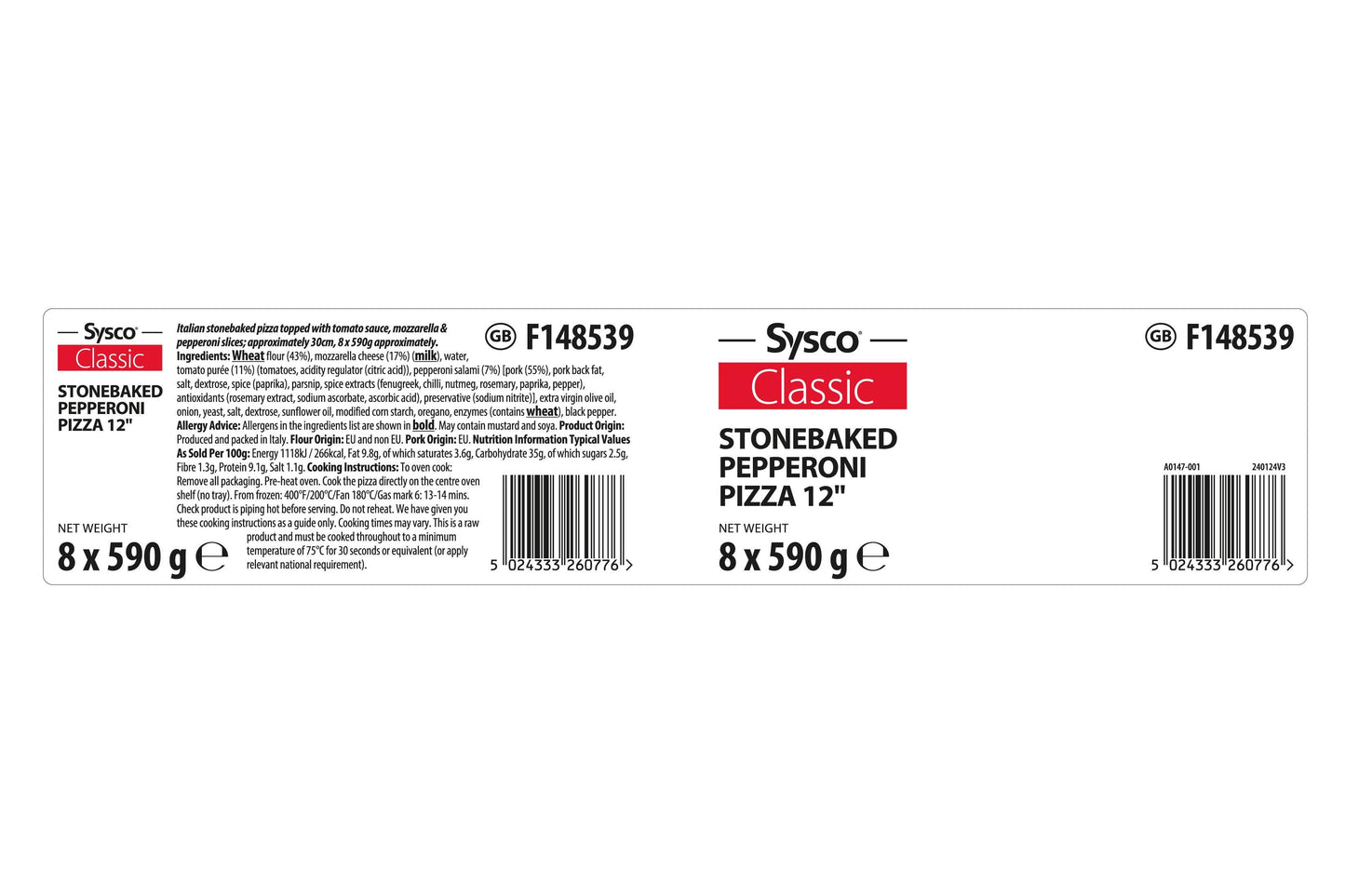 Sysco Classic Stonebaked Pepperoni Pizza 12" 1 x 8 Ready Meals Asetena Pa