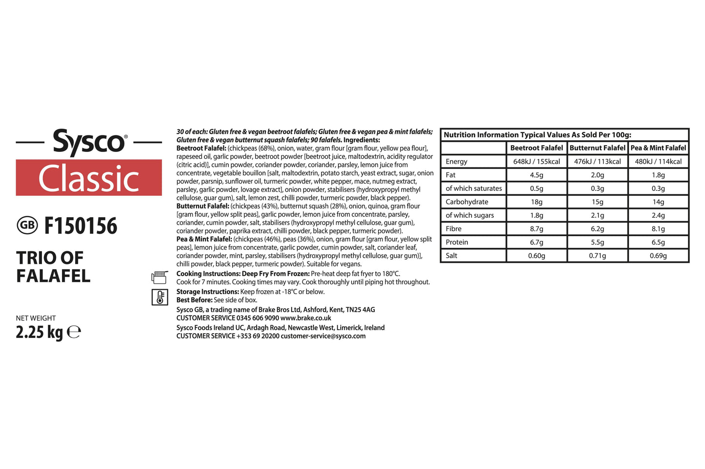 Sysco Classic Trio of Falafel 3 x 30 Ready Meals Asetena Pa
