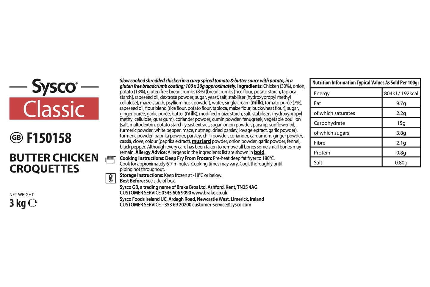 Sysco Classic Butter Chicken Croquettes 1 x 100 Ready Meals Asetena Pa