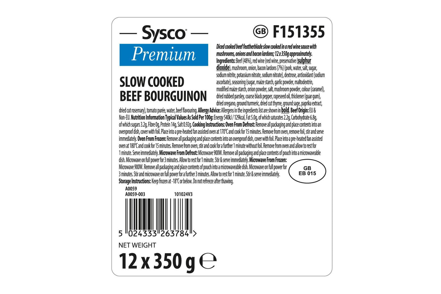 Sysco Premium Slow Cooked Beef Featherblade Bourguignon 12 x 350g Ready Meals Asetena Pa