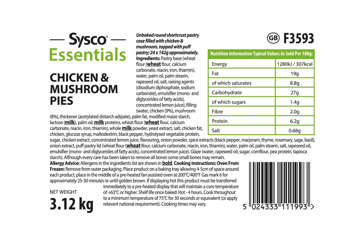 Sysco Essentials Chicken & Mushroom Pies 24 x 142g Ready Meals Asetena Pa