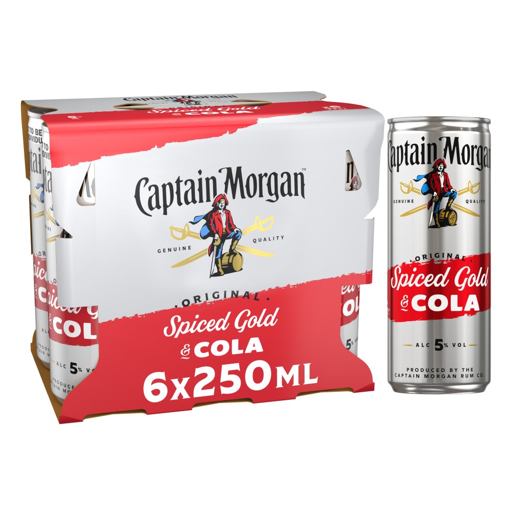 Captain Morgan Original Spiced Gold & Cola Ready to Drink 5% vol 6x250ml Cans 250ml × 4 × 1