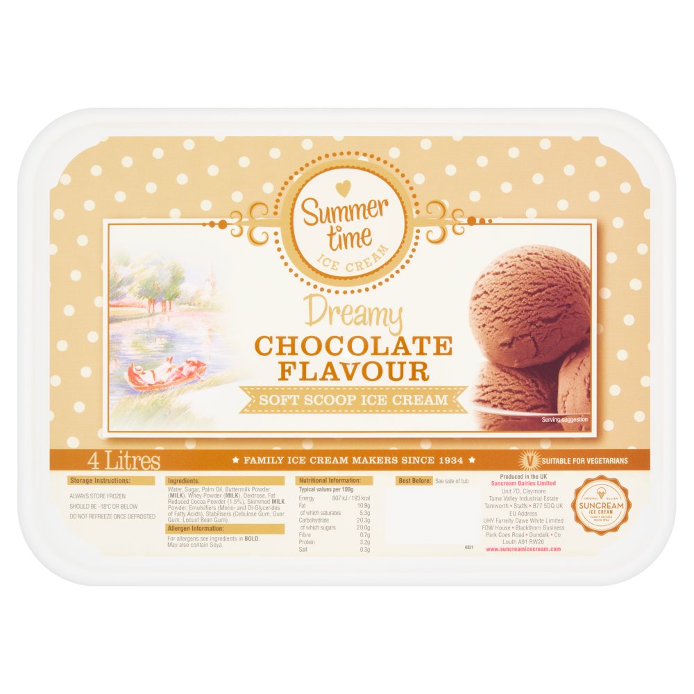 Suncream Summer Time Dreamy Chocolate Flavour Soft Scoop Ice Cream 4 Litres 4Ltr × 1