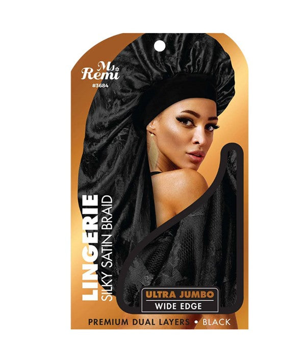 MS REMI LINGERIE SILKY SATIN BRAID ULTRA JUMBO WIDE EDGE BLACK 3684 Durags and Caps Asetena Pa