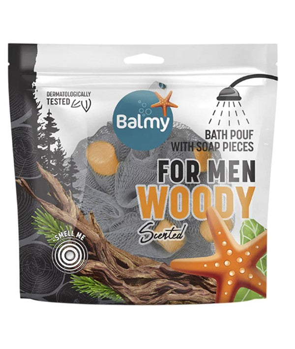 BATH POUF FOR MEN WITH WOODY SCENTED SOAP PIECES Skin Wash Asetena Pa