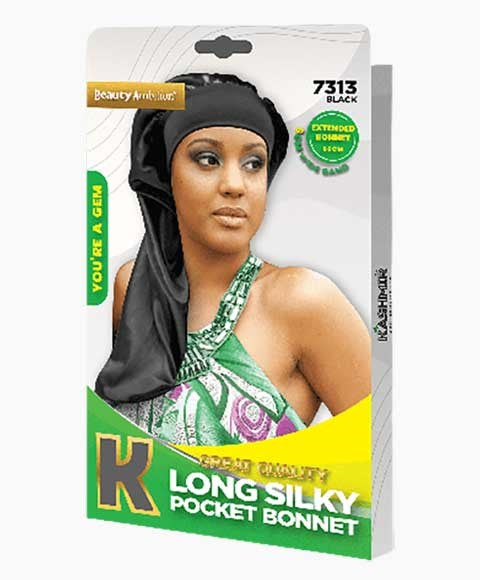 BEAUTY AMBITION GREAT QUALITY LONG SILKY POCKET BONNET 7313 Color Black Durags and Caps Asetena Pa