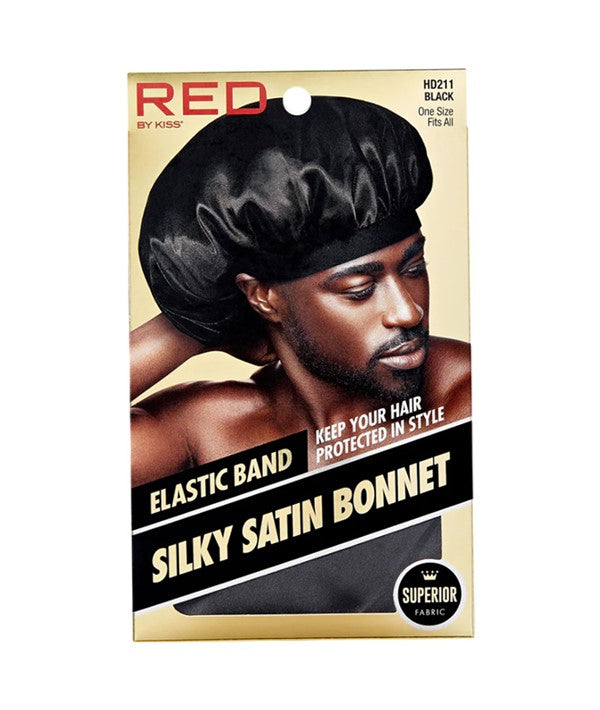 RED BY KISS ELASTIC BAND SILKY SATIN BONNET HD211 BLACK one size fits all Durags and Caps Asetena Pa