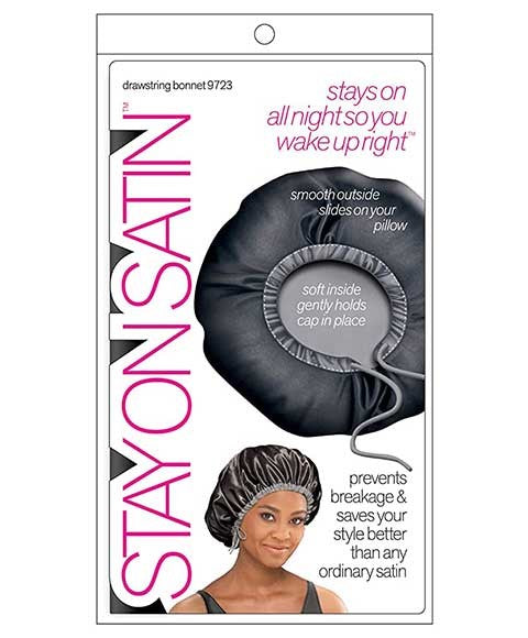 STAY ON SATIN DRAWSTRING BONNET STYLE 9723 BLACK Durags and Caps Asetena Pa