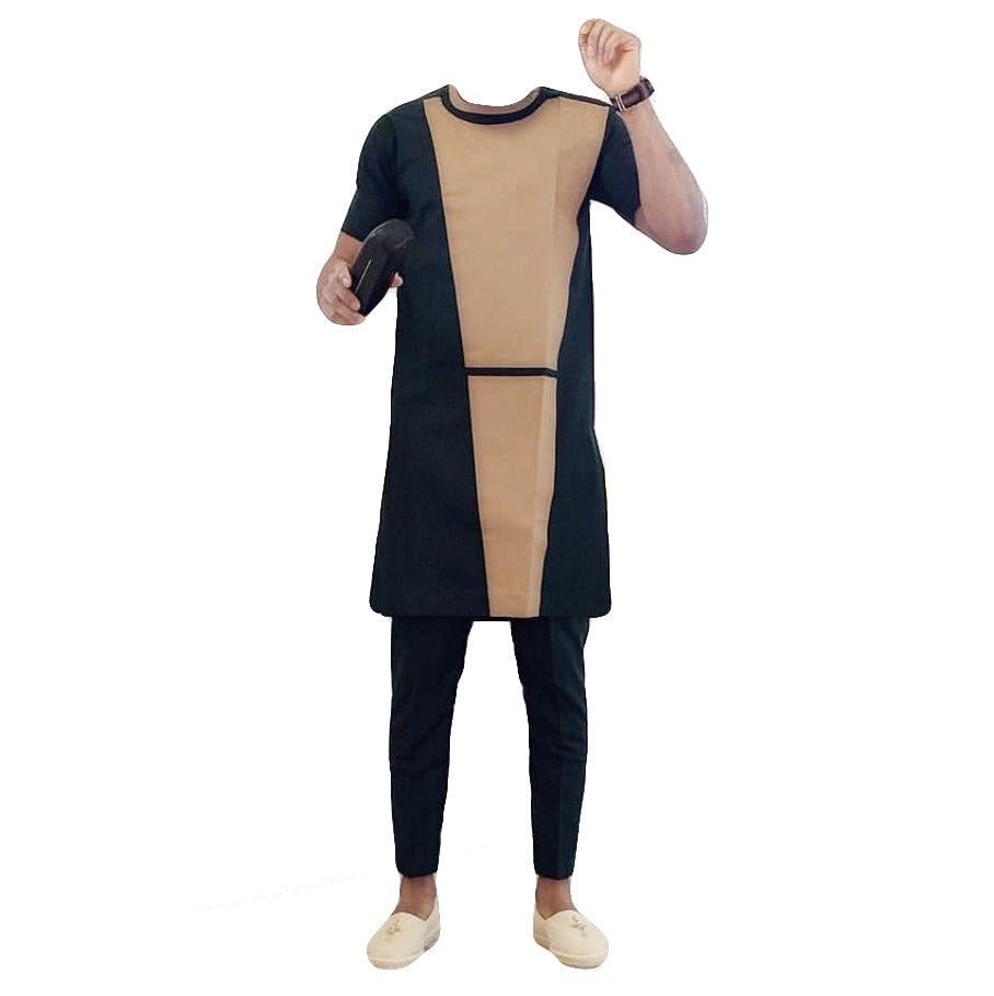 African Wear Men's Clothing Two Piece Set Black and Golden Long Sleeve Top Shirt with Matching Trouser