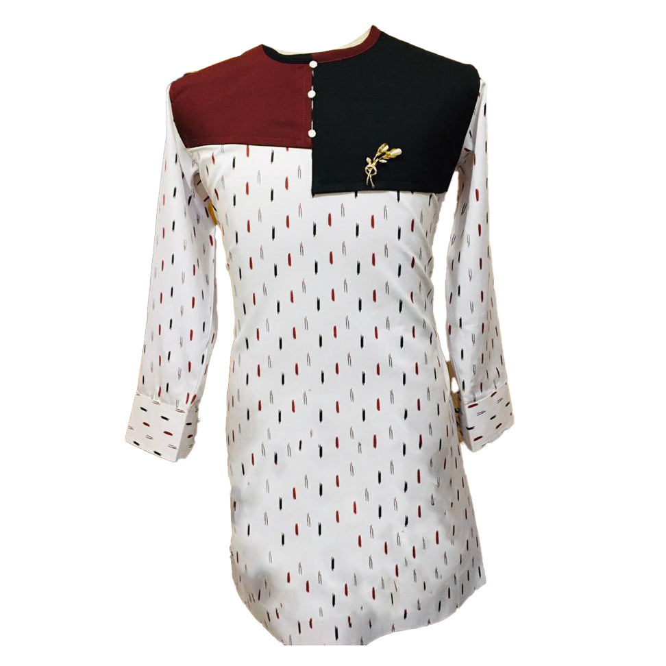 African Traditional Wear Men's White Magenta Black Dot Print Long Sleeve Top Shirt