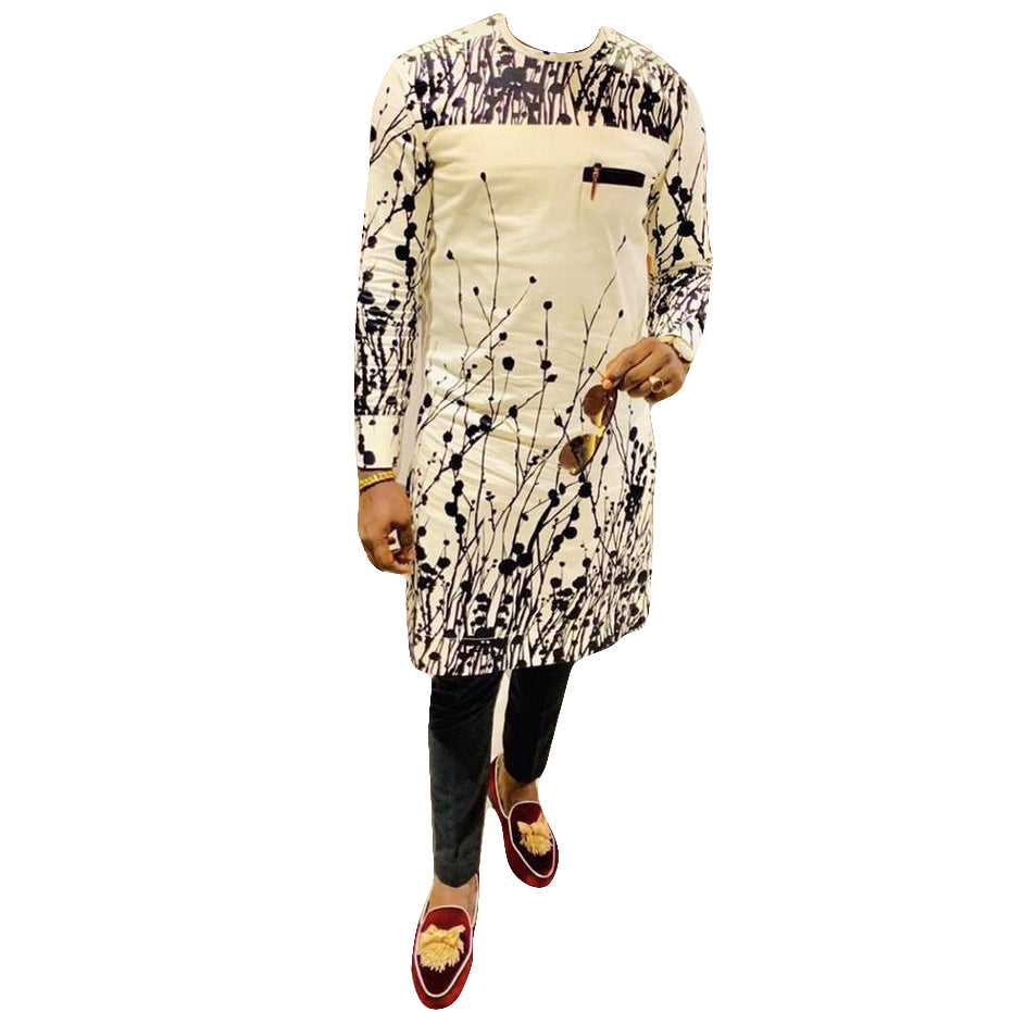 African Wear Men's Clothing Two Piece set Lavender Chocolate Printed Long Sleeve Top Shirt with Trouser