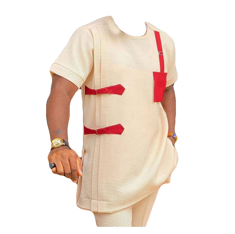 African Wear Men's Long Sleeve Light Apricot & Red Stripe Two Piece Set Top Shirt With Matching Trouser