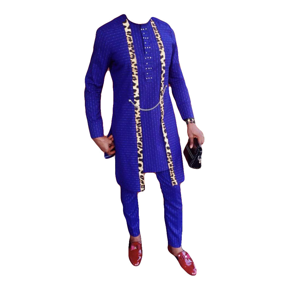 African Wear Men's Long Sleeve Sapphire Striped Two Piece Set Printed Top Shirt With Matching Trouser