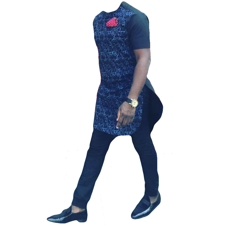 African Men's Outfits Short Sleeve Printed Navy Blue Two Piece Set Top Shirt With Matching Trouser