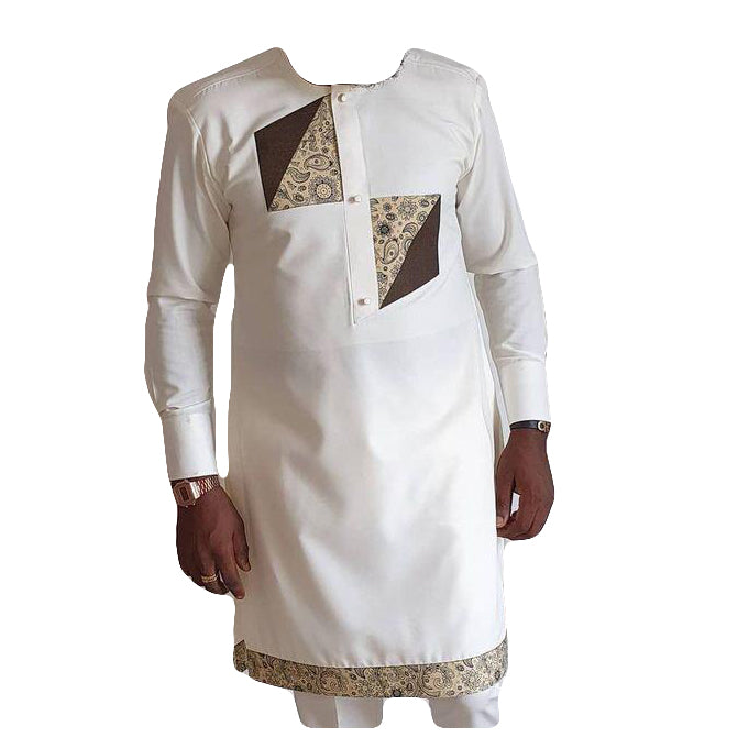 African Men's Wear Cloathing Two Piece Set Long Sleeve White and Black-Brown Printed Top Shirt With Matching Trouser