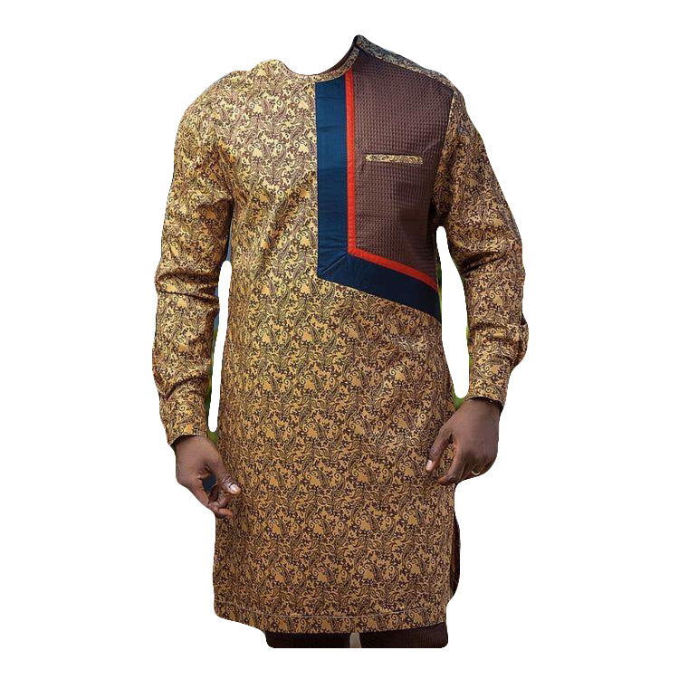 African Men's Wear Outfits Long Sleeve Brown Multicolor Blue Striped Top Shirt