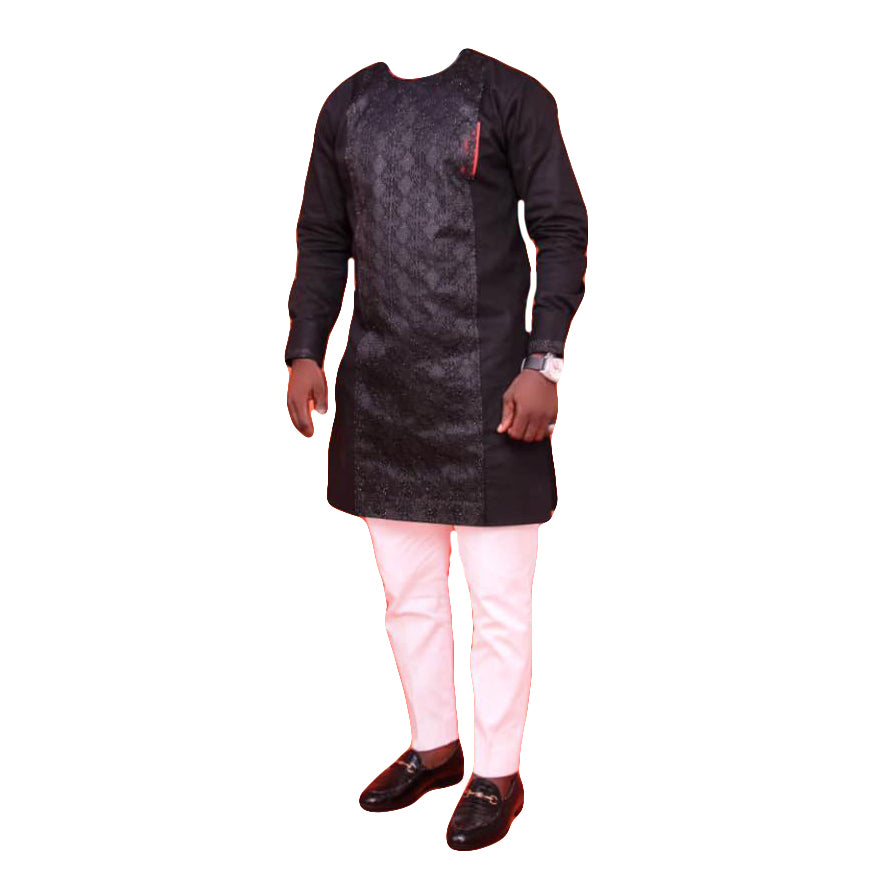 African Men's Clothing Outfits Long Sleeve Black And Pink Unique Top Shirt With Trouser Two Piece Set