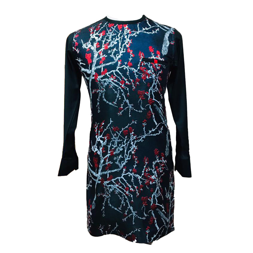 African Outfit Men's Wear Navy Red Aqua Print Multicolor Long Sleeve Top Shirt