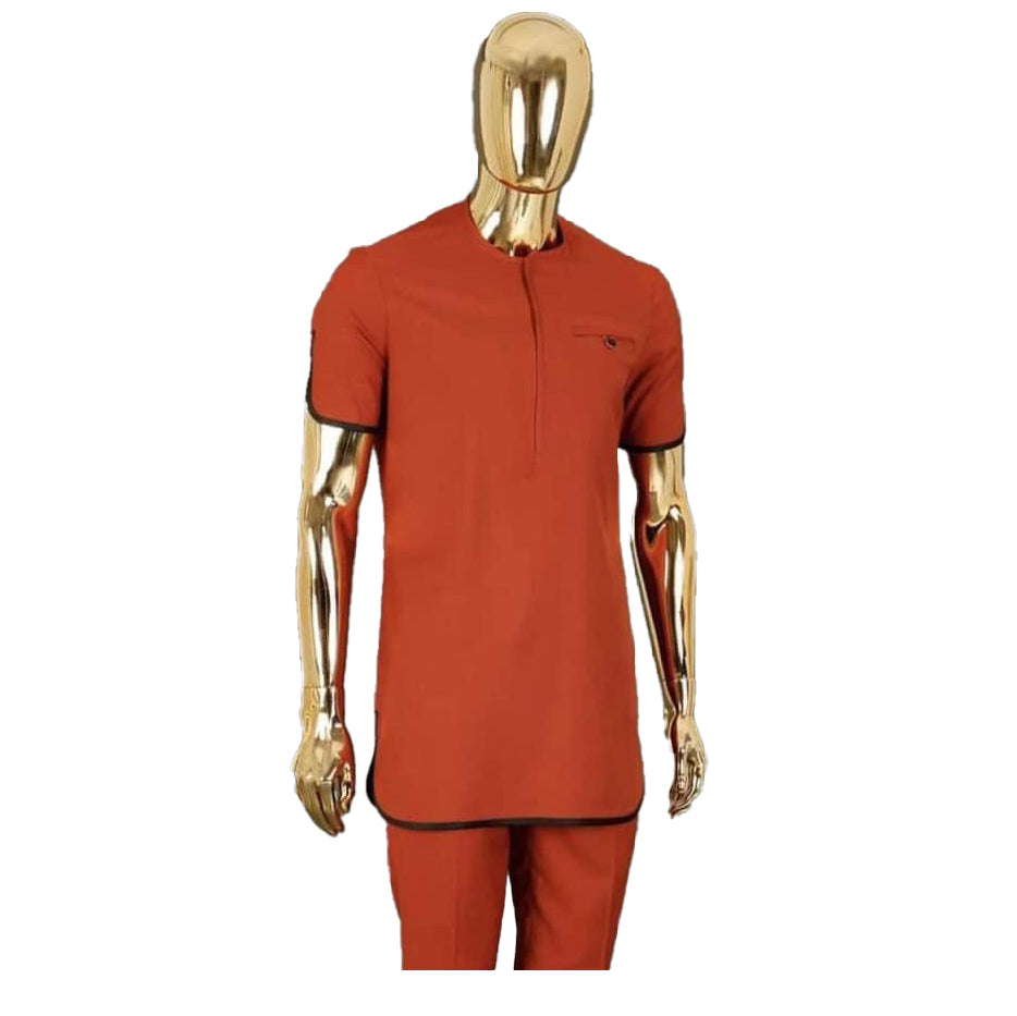 African Clothing Men's Two Piece Set Red & Black Border Short Sleeve Top Shirt With Trouser