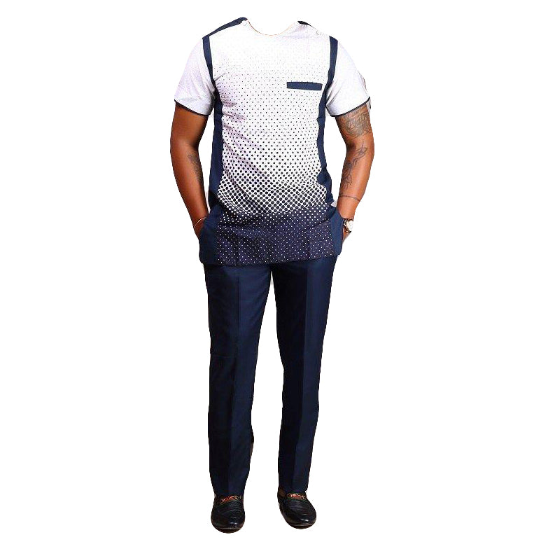 African Clothing Men's Two Piece Set Black & White Print Short Sleeve Top Shirt With Trouser
