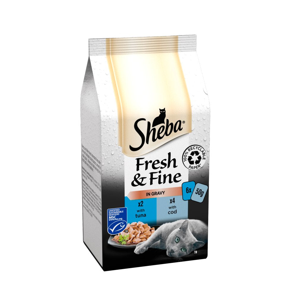 Sheba Fresh & Fine Wet Cat Food Pouches Tuna & Cod in Gravy 6 x 50g-Food