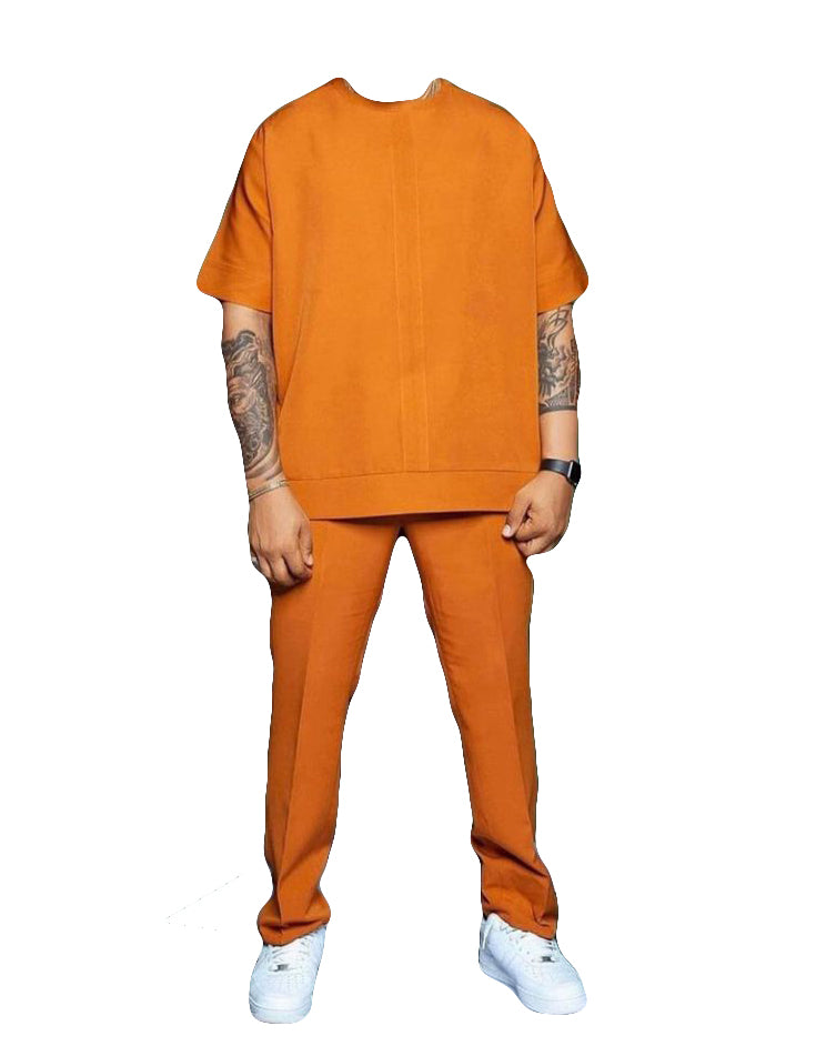 African Art Wear Men Outfit Short Sleeve Two Piece Set Top Solid Orange T-Shirt With Matching Pant