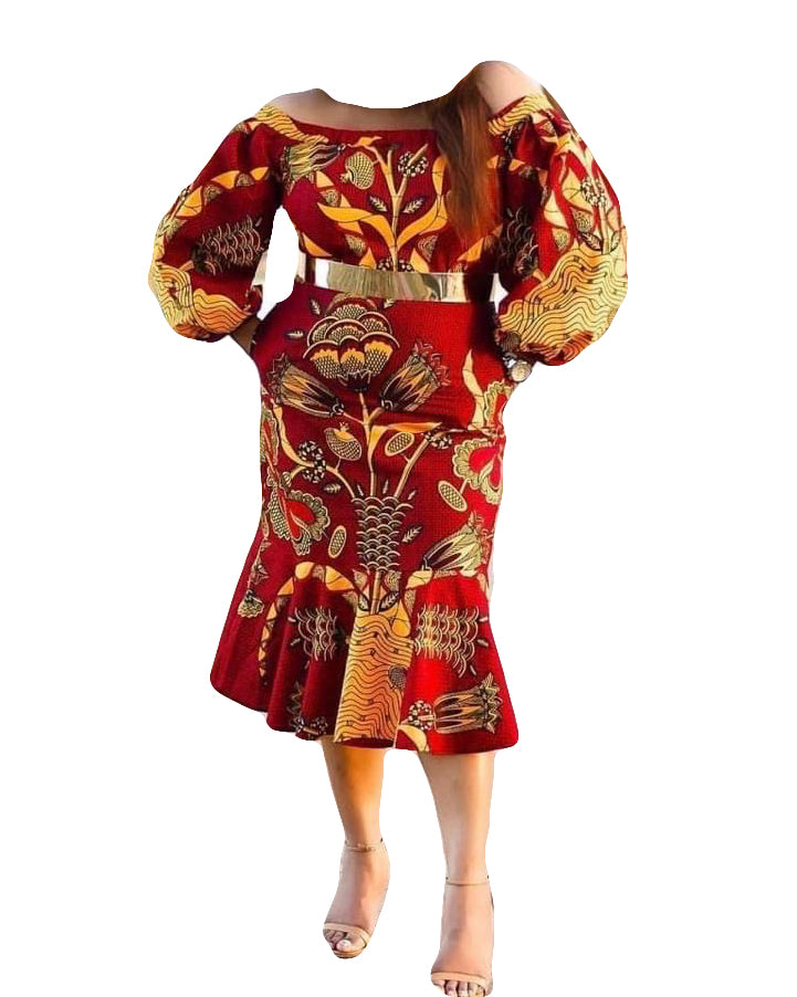 African Women Casual long Golden Over Red Flowers Print Trendy Dress