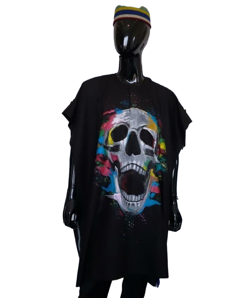 African Art Wear Outfit Women Black Skeleton Print Short Sleeve summer top loose fashion Long T-shirt