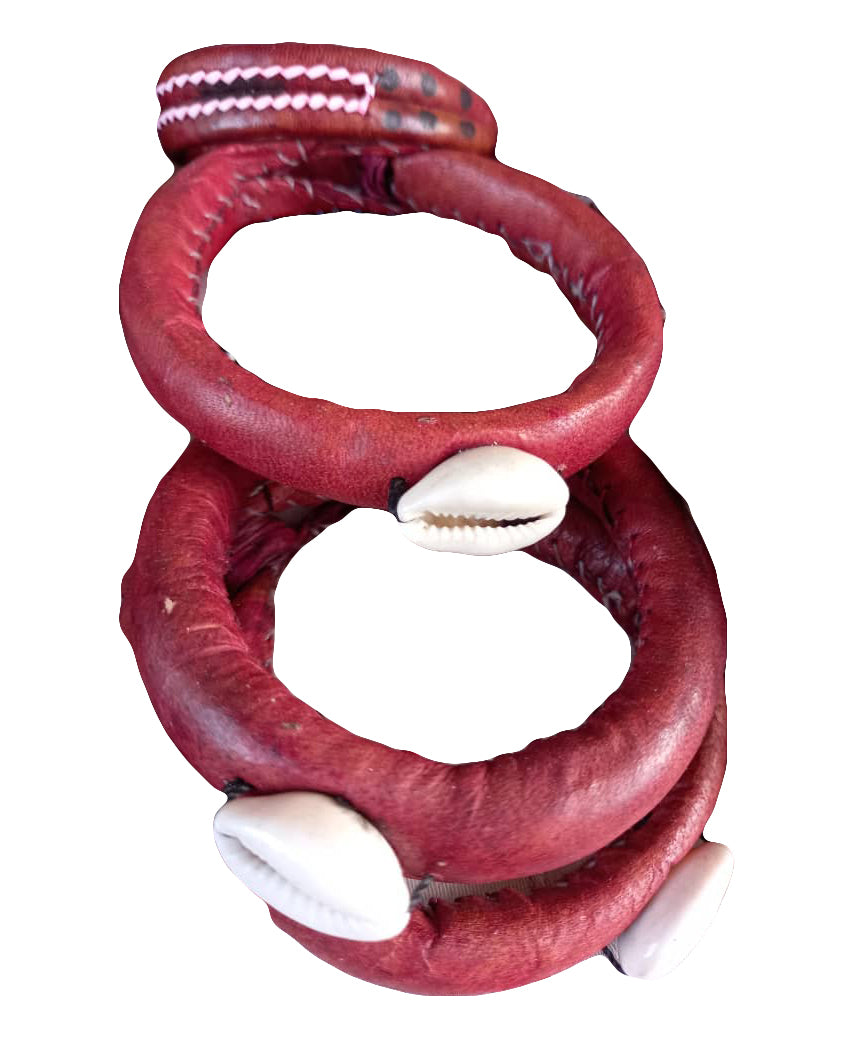 African Handicraft Beaded Tribal Art Attached Seashell Red Printed Bracelet