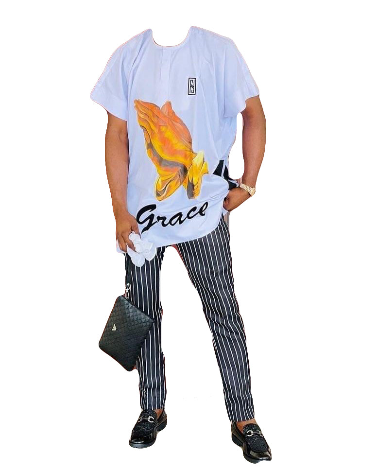 African Men's Art Wear White Colorful Grace Print Short Sleeve T-Shirt