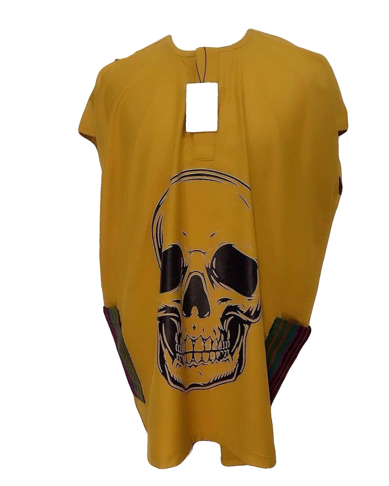 African Art Wear men Short Sleeve Top Yellowy Brown Skeleton Graphic Long male T-shirt