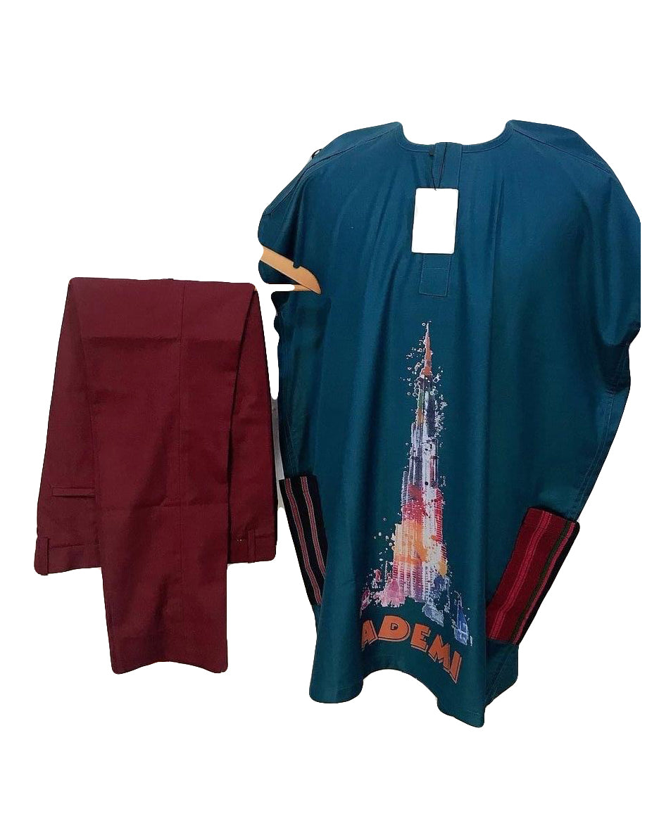 African Art Wear Women Short Sleeve Two piece Set Top blue Tower Graphic Long Female T-shirt with Trouser