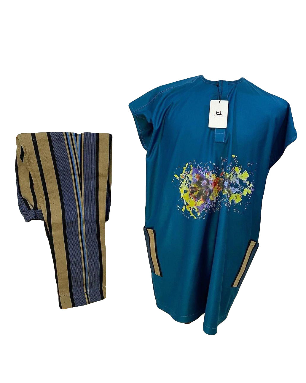 African Men's Art Wear Short Sleeve Top Blue Chest Print Stylish Long tshirt With Pockets