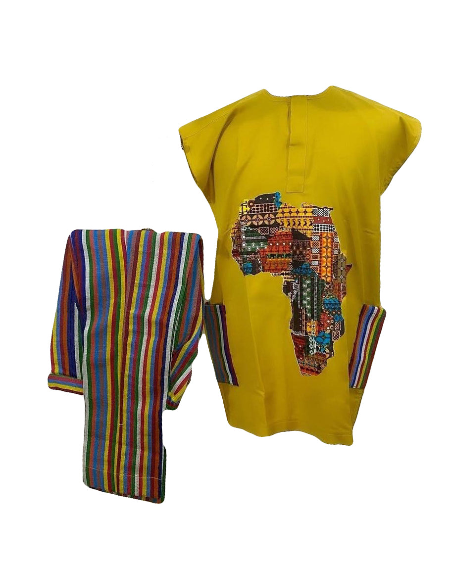 African Men's Art Wear Two Piece Set Short Sleeve Top Olive Yellow African Map Print Loose Fashion Stylish Long T-shirt And Trouser