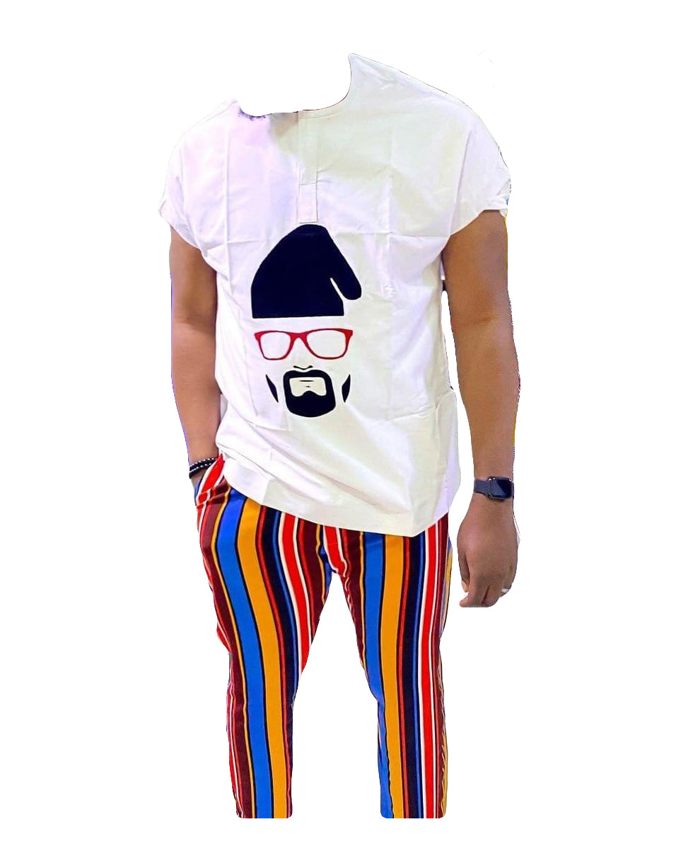 African Men's Art Wear Two Piece Set Short Sleeve Top White & Black Beard Face Print Stylish Long T-shirt With Stripe Pant