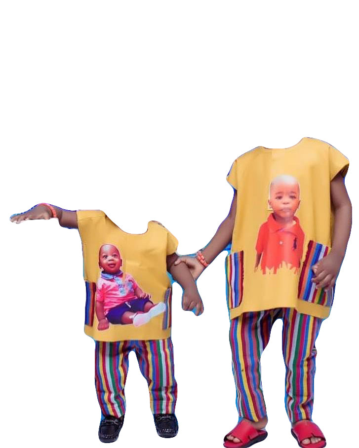 African Men's Art Wear Two Piece Set Short Sleeve Top Yellow Baby Print Loose Fashion Stylish Long T-shirt With Stripe Pant