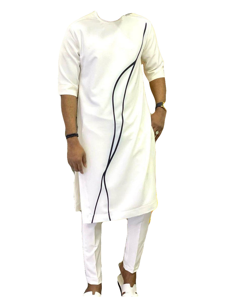 African Men's Art Wear Two Piece Set White & Black Short Sleeve Top Shirt With matching Pant