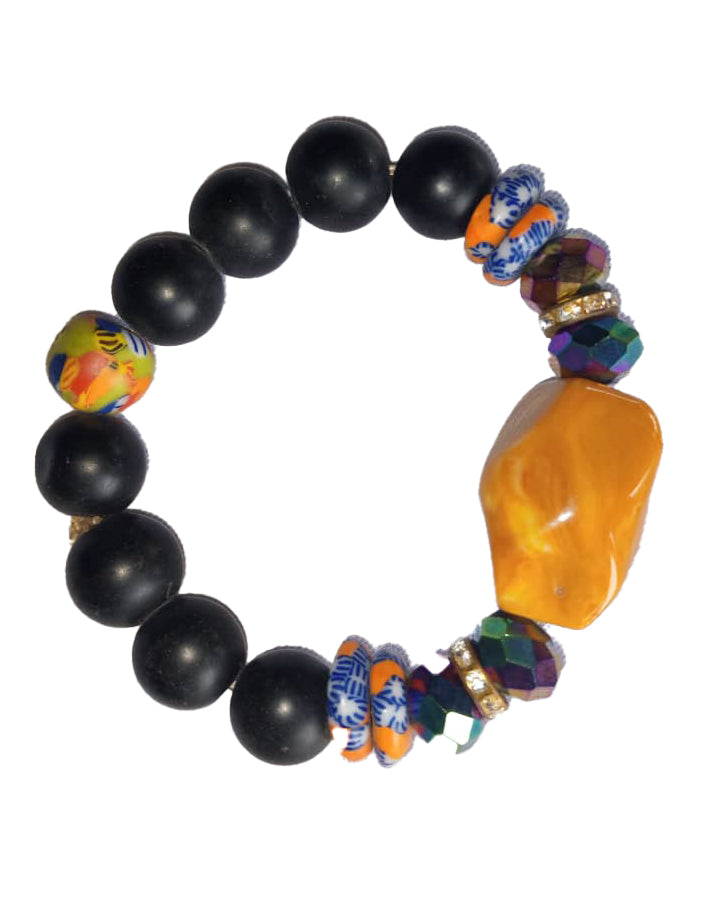 African Handicraft Wooden Beaded Tribal Art Black Printed Stone Bracelet