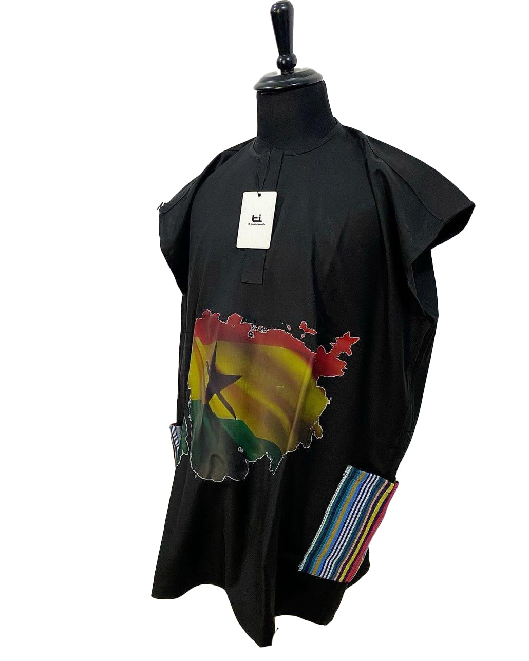 African Art Wear Ghana Flag Print summer top Outfit Casual Short Sleeve Black loose fashion Long T-shirt With Pockets