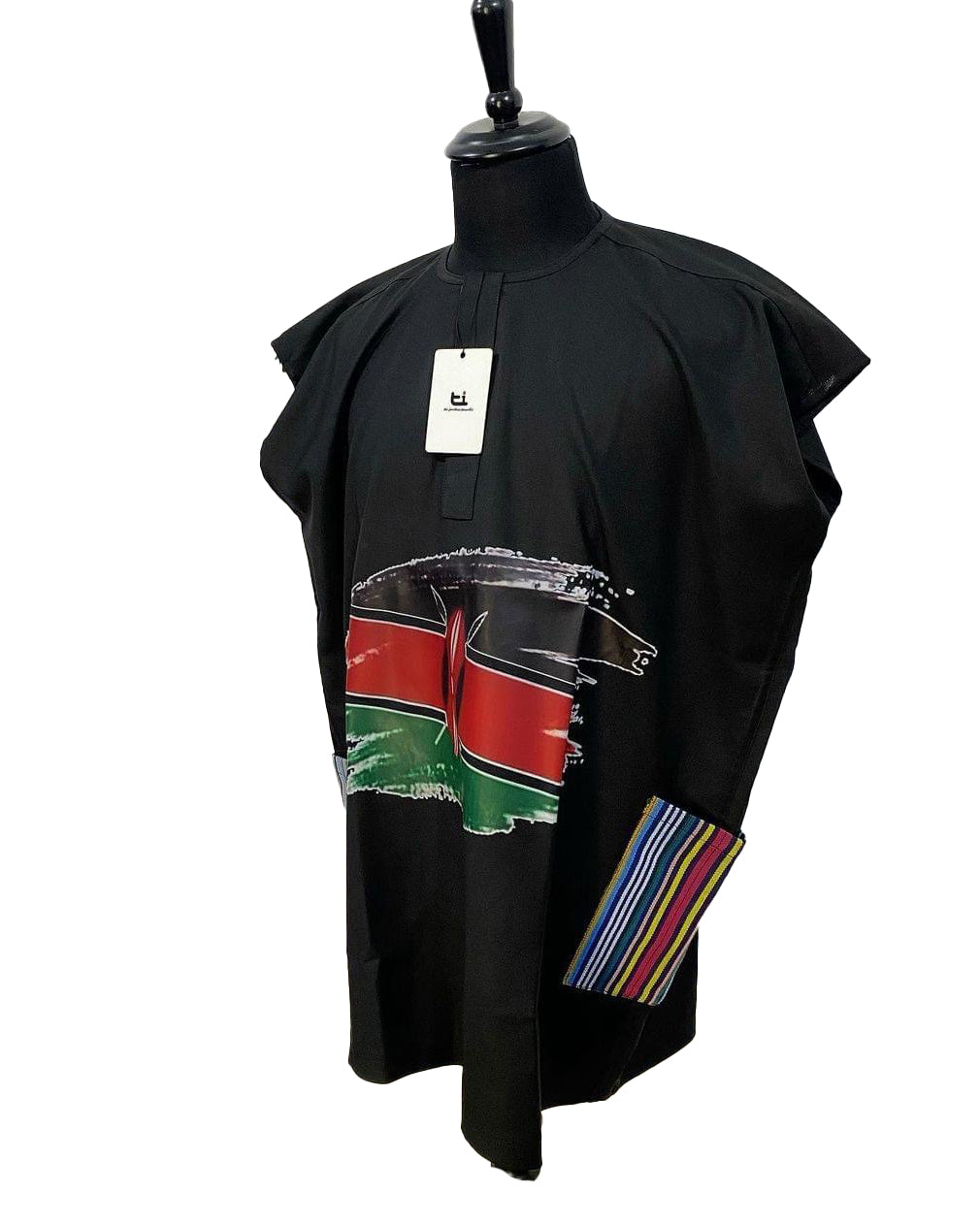 African Art Wear Kenya flag Print summer top Outfit Casual Short Sleeve Black loose fashion Long T-shirt With Pockets