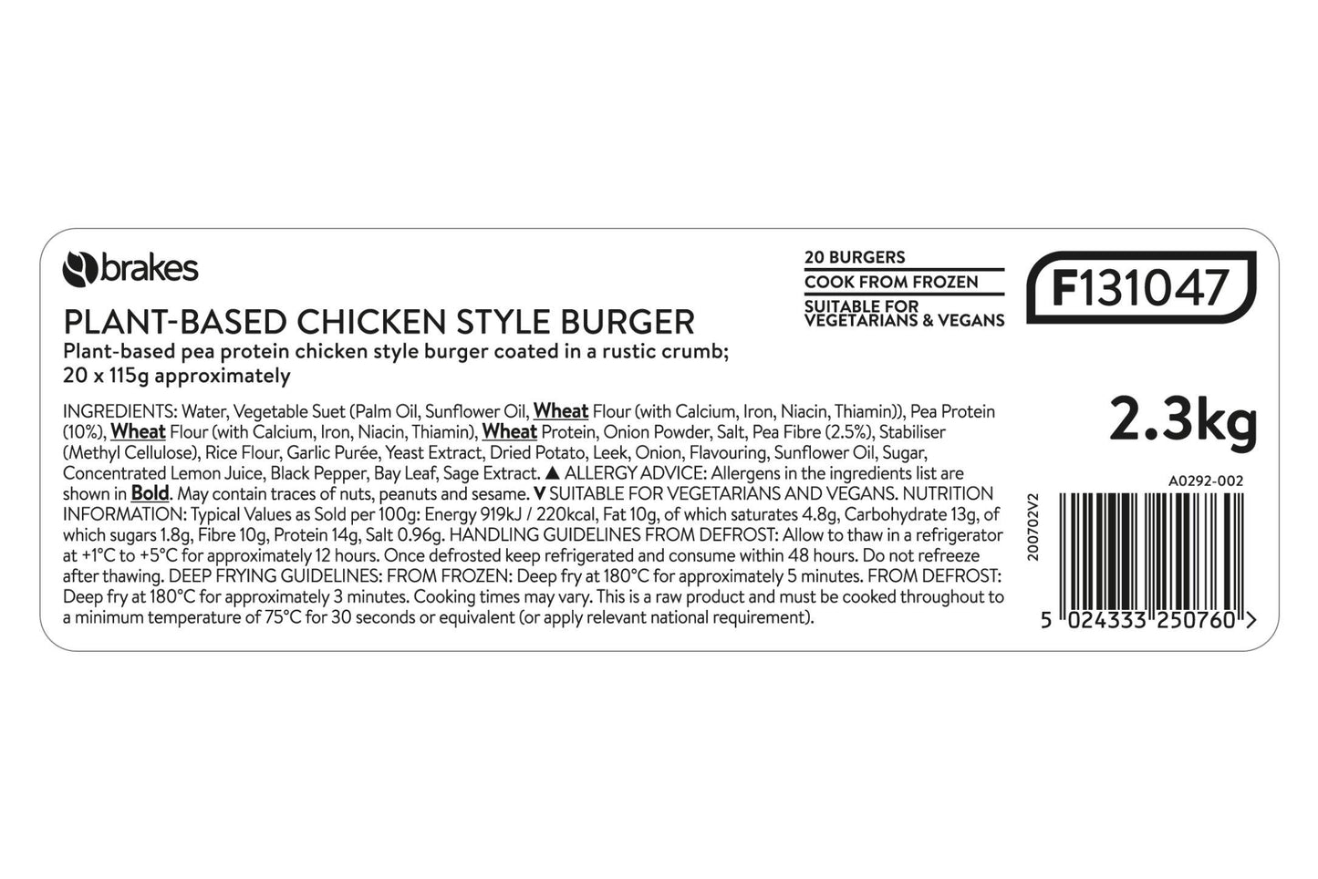 Brakes Plant-Based Chicken Style Burger 20 x 115g Ready Meals Asetena Pa 