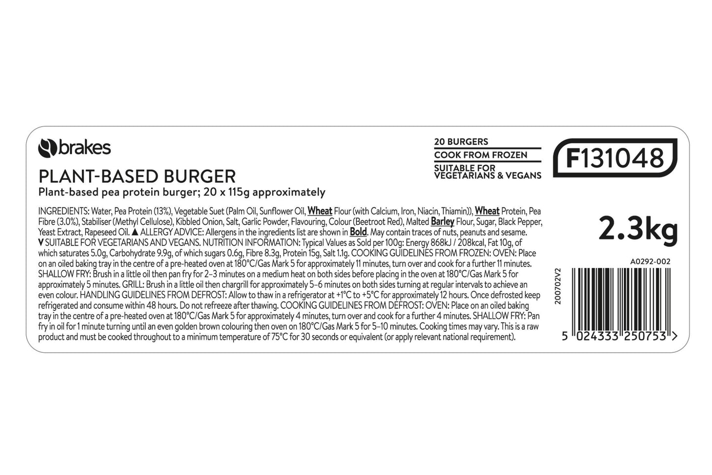 Brakes Plant-Based Burger 20 x 115g Ready Meals Asetena Pa 