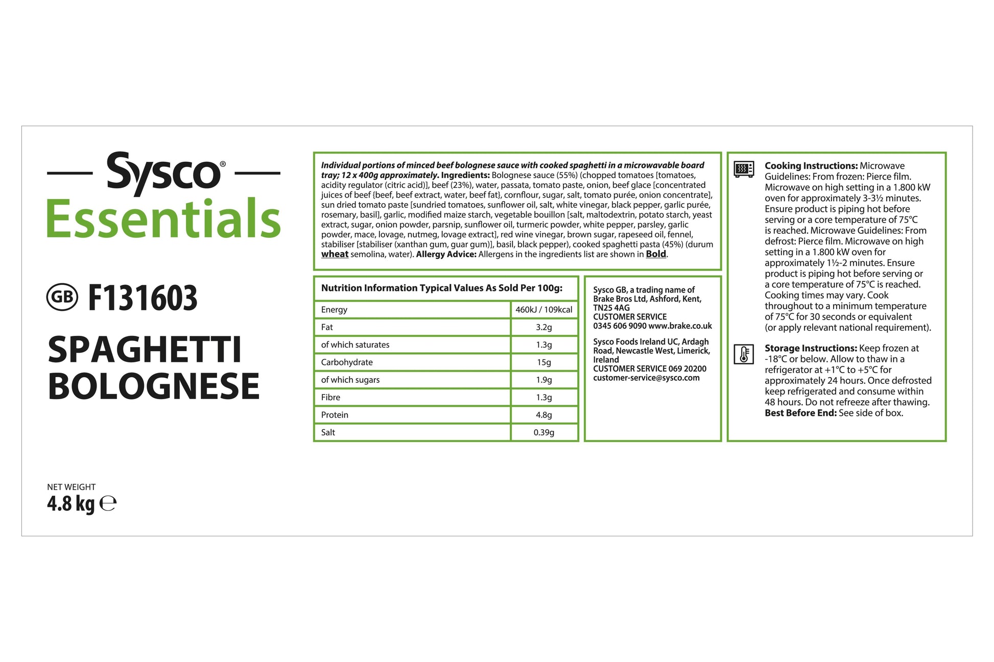 Sysco Essentials Spaghetti Bolognese 12 x 400g Ready Meals Asetena Pa 