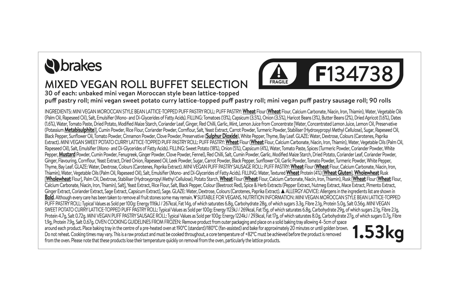 Brakes Mixed Vegan Roll Buffet Selection 90 x 17g Ready Meals Asetena Pa 