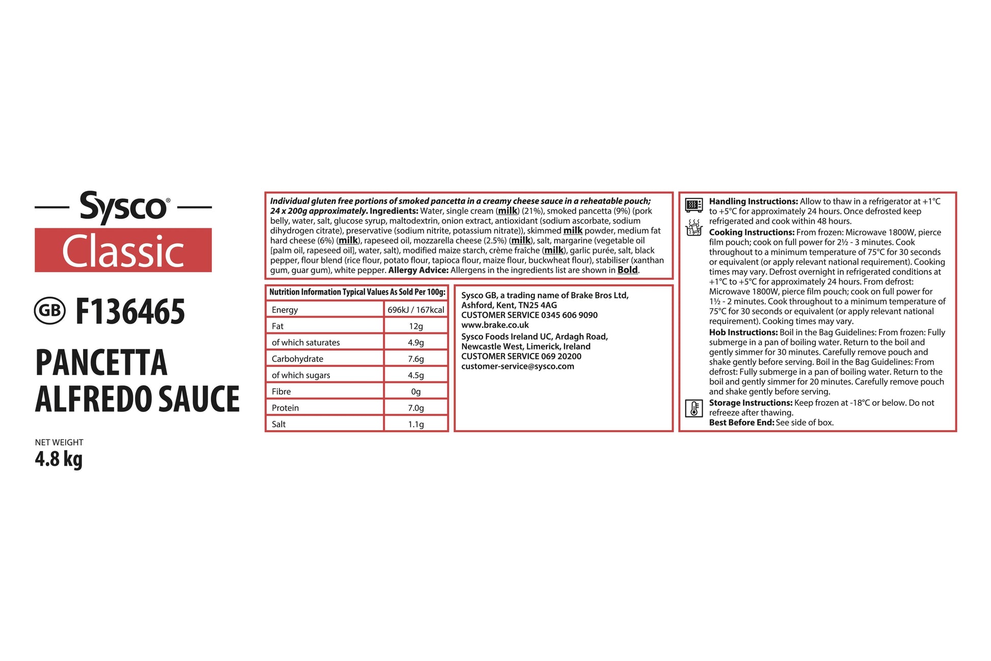Sysco Classic Pancetta Alfredo Sauce 24 x 200g Ready Meals Asetena Pa 