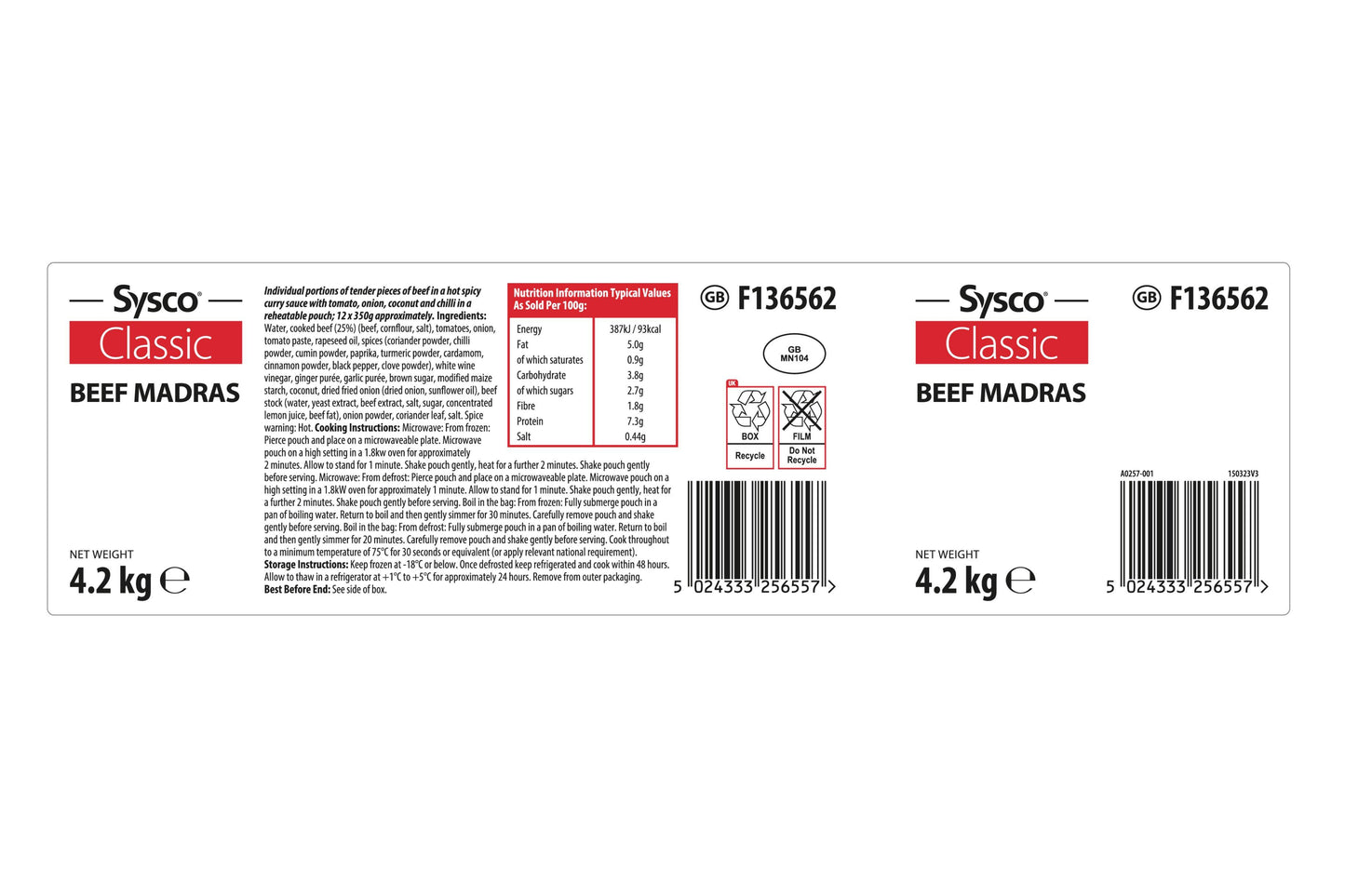 Sysco Classic Beef Madras 12 x 350g Ready Meals Asetena Pa 