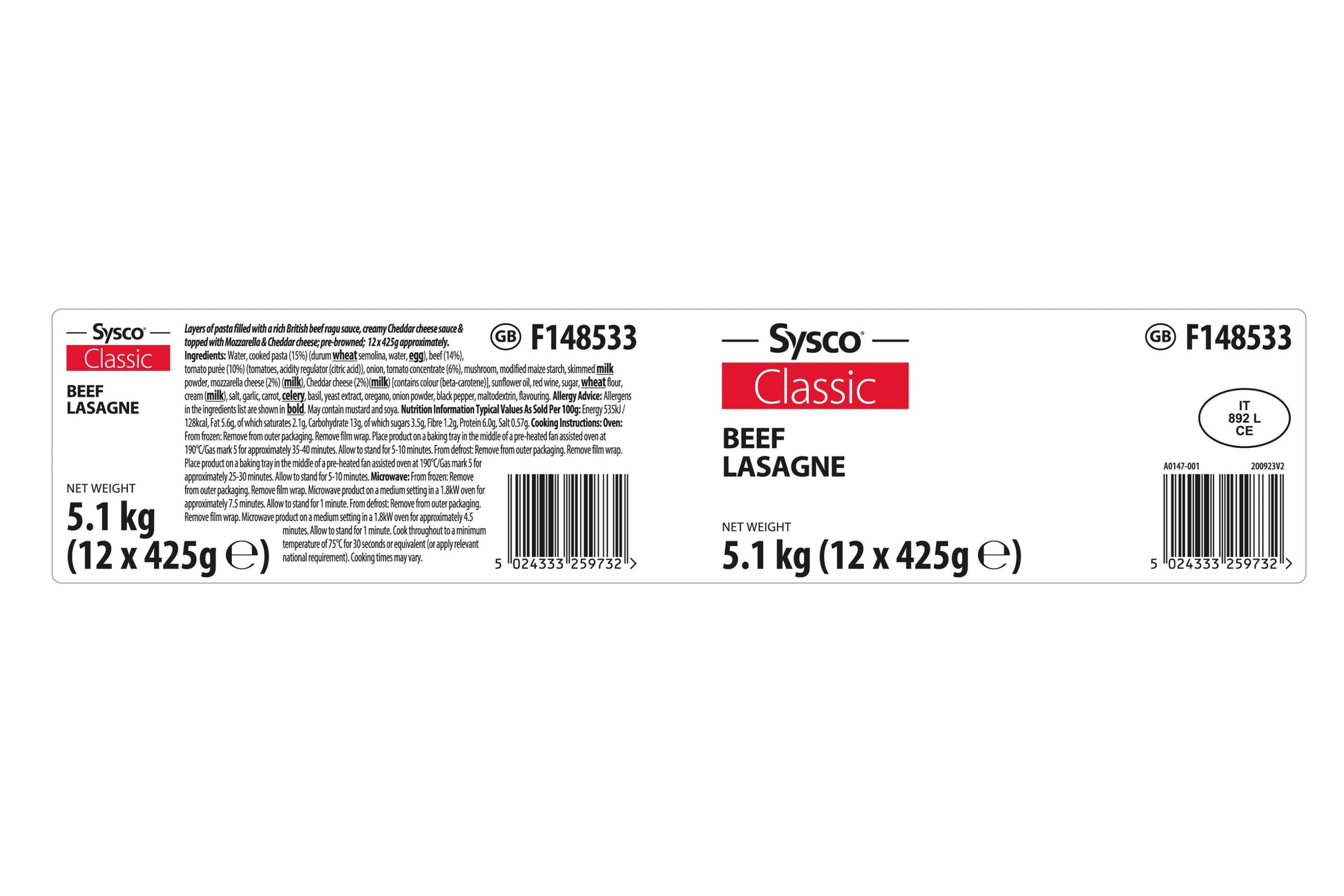 Sysco Classic Beef Lasagne 12 x 425g Ready Meals Asetena Pa 