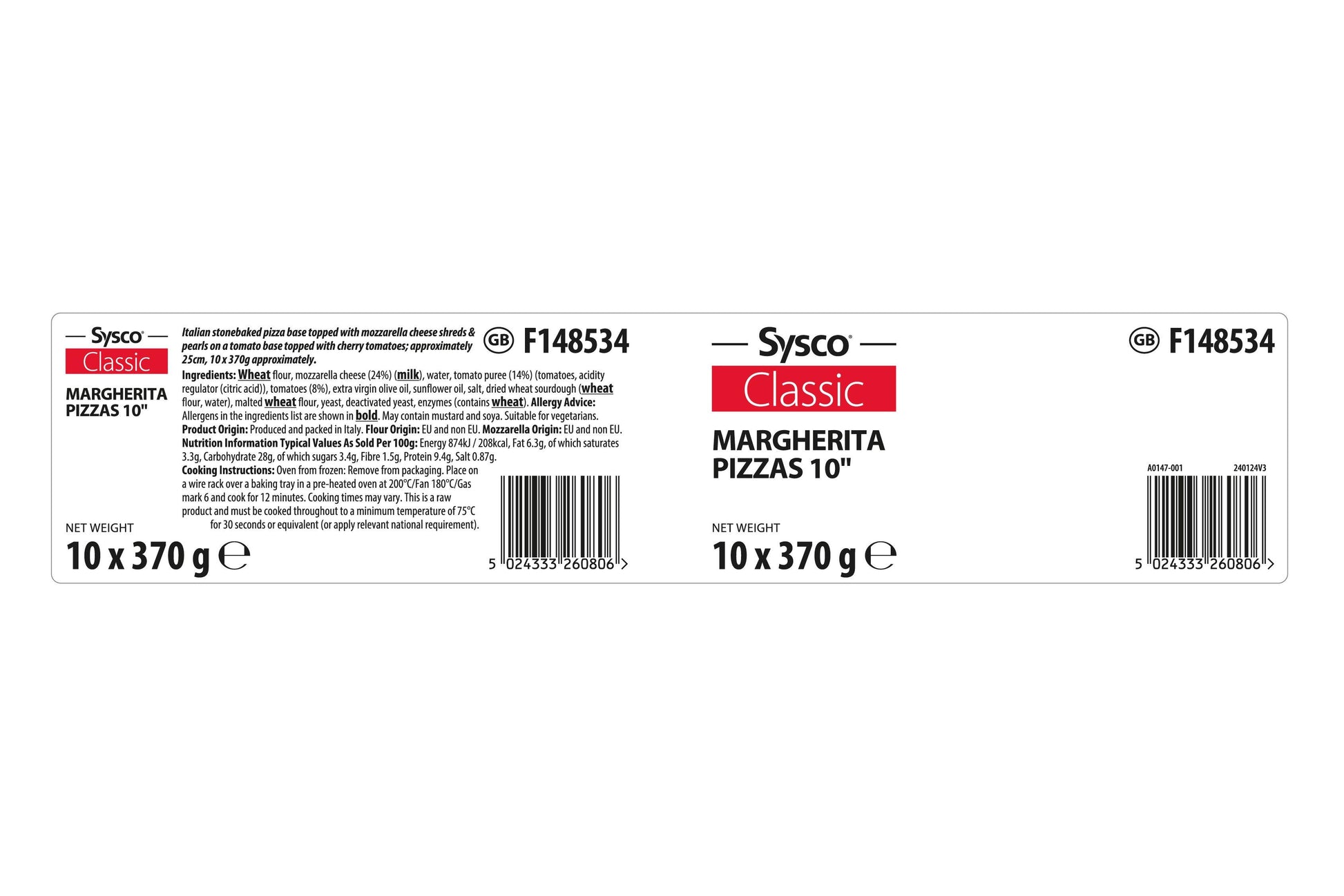 Sysco Classic Margherita Pizzas 10" 1 x 10 Ready Meals Asetena Pa 