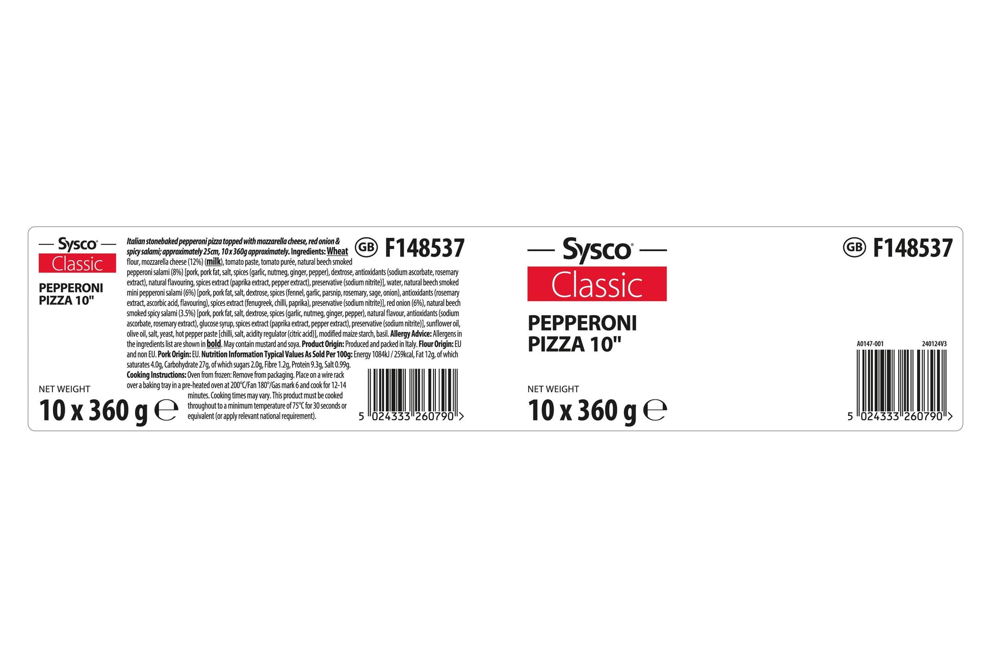 Sysco Classic Margherita Pizzas 10" 1 x 10 Ready Meals Asetena Pa 
